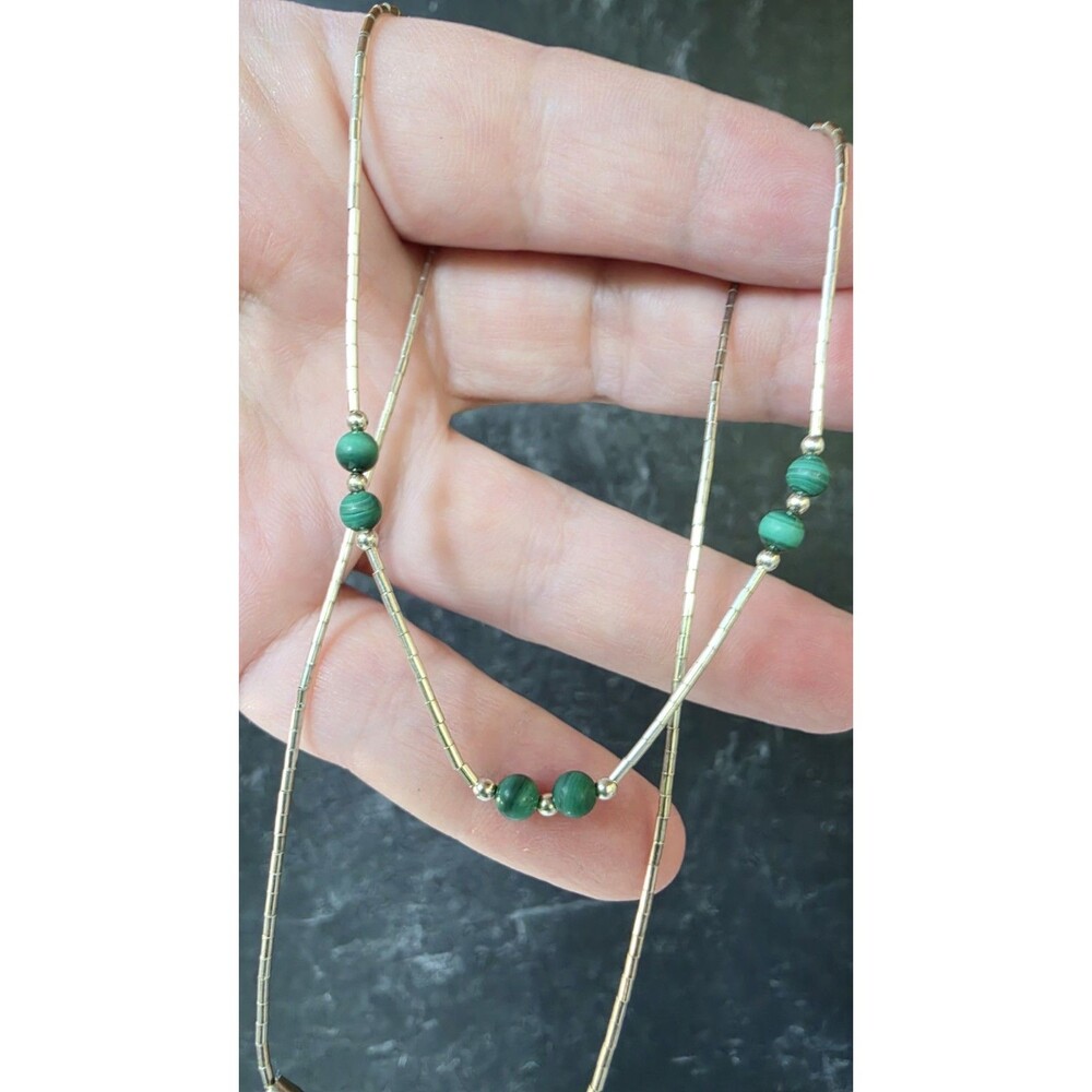 925 Sterling Liquid Silver Malachite Beaded Necklace Vintage
